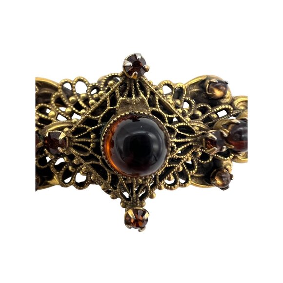 Vintage Original By Robert Amber Glass Cabochon Filigree Bar Brooch Rhinestones - Picture 7 of 9